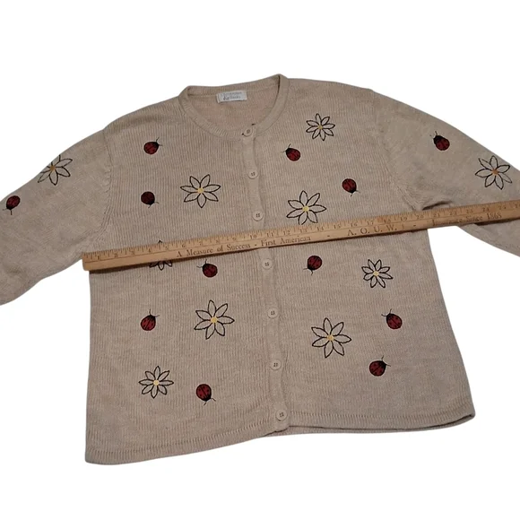 EUC Christopher and Banks Sz. M Oatmeal Color Lady Bugs and Flowers Sweater - Picture 4 of 9